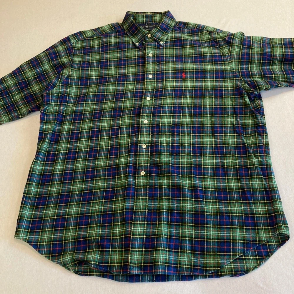 VTG Polo Ralph Lauren Blake Shirt Mens XL Green Blue Tartan Plaid Flannel Cotton